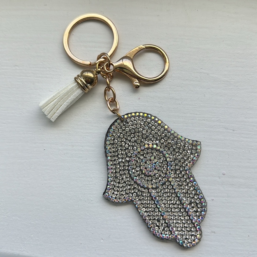 White Hasma Bling Rhinestone &  Tassle Keychain